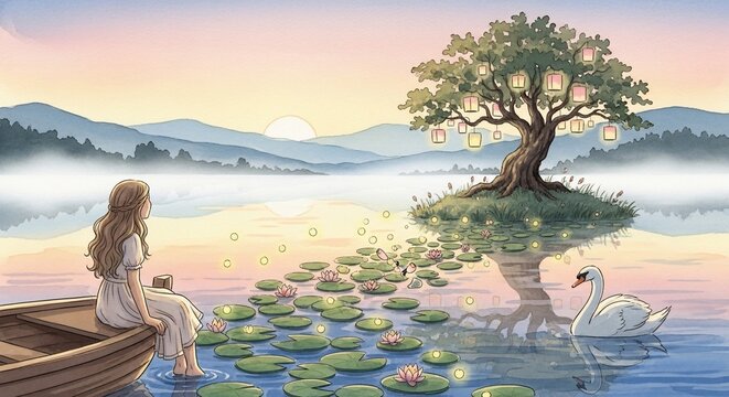 Woman swan tree lake scene