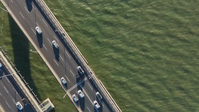 Aerial View of Pedro Ivo Campos and Colombo Salles Bridges with City Traffic and Ocean Coastline in Florianopolis Santa Catarina Brazil