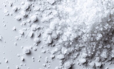 Obraz premium Heap of coarse sea salt crystals texture on gray surface with crystals seasoning ingredient culinary background essential abstract scattered sparkling fragment