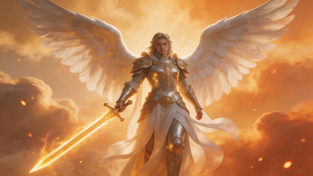 winged figure in golden armor holding sword