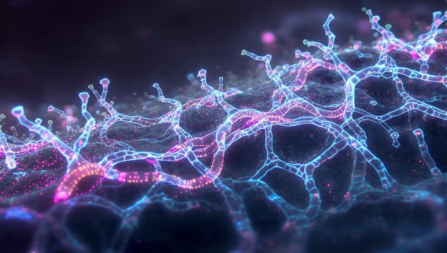 Abstract 3D rendering of glowing microscopic neural networks, blood vessels, or organic digital data lines with blue and pink neon light pulses. Science backdrop