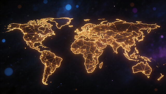 Glowing world map with network connections