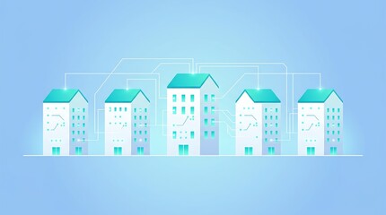 Fototapeta premium Five Stylized Office Buildings Connected in a Digital Network Architecture Concept