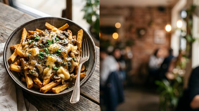 Fresh hot poutine with gravy and cheese in a bowl served at a restaurant