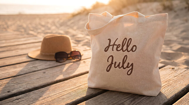 Hello July Beach Tote Bag with Straw Hat and Sunglasses on Boardwalk