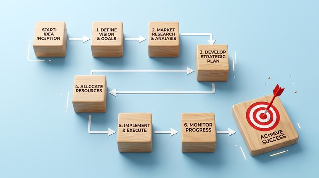 Visualizing Business Strategy Step-by-Step Planning Flowchart with Wooden Cubes and Target for Success