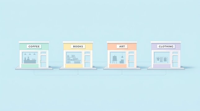 Four charming storefronts in a row, each with distinct signage and colorful facades