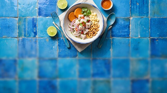 Fresh Peruvian Ceviche served in a bowl on a blue tiled background