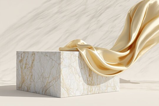 Elegant Champagne Gold Silk Charmeuse Fabric Draped Over a White Marble Cube with Soft Lighting