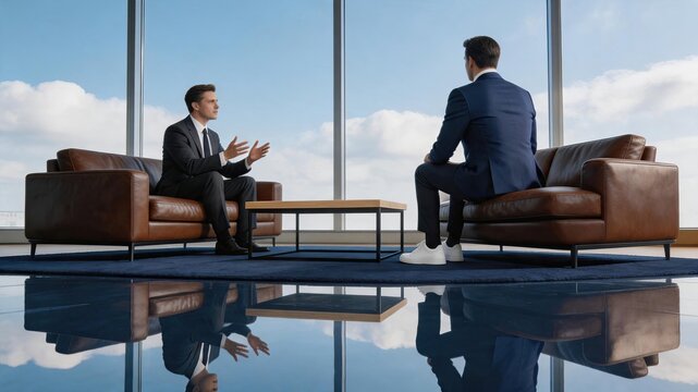 Two businessmen having a serious conversation in modern office lounge area with large windows, reflecting corporate interview or negotiation atmosphere