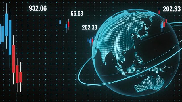 Digital globe with stock market candlestick chart overlay, global finance concept, forex trading, economic trends, investment analysis, world economy, financial data visualization