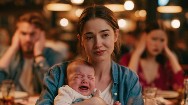 Stressed young mother looking at camera holding a loud crying baby in a public restaurant, annoyed customers in the blurred background covering their ears, parenting struggle concept