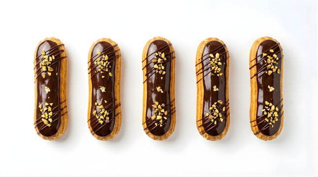 Five chocolate eclairs lined up in a row topped with pistachio crumbles and dark chocolate drizzle for bakery menu promotion