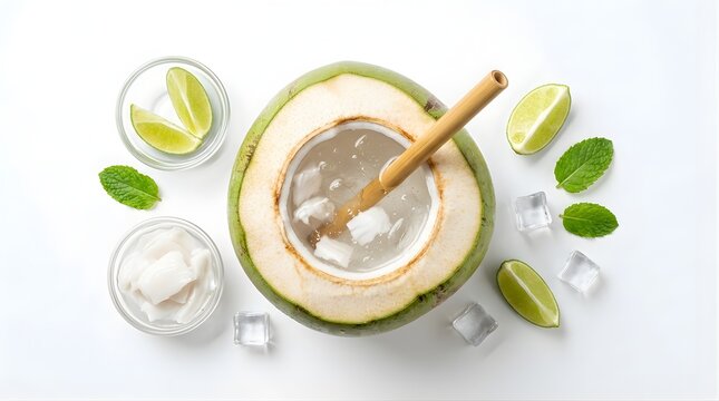 Fresh young coconut water served with bamboo straw lime wedges and mint leaves overhead view, healthy hydration summer drink