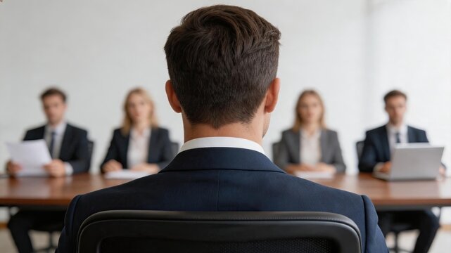 Job interview candidate sitting in chair facing a panel of four professional recruiters or hiring managers across a conference table