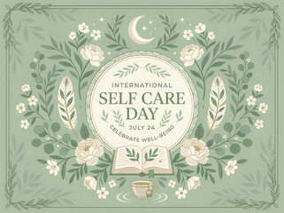 Fototapeta premium International self care day illustration floral wreath with book and tea for wellbeing