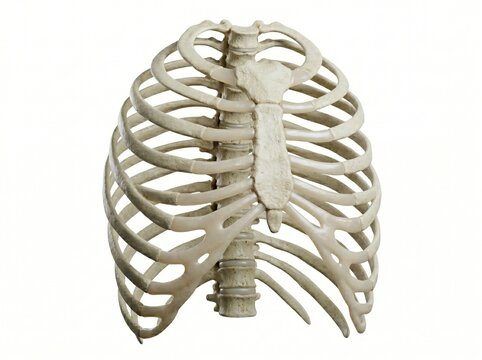 Richly detailed human ribcage sternum costal cartilage 3d render white showing human ribcage, sternum and ribs anatomy. Completely label-free and commercially clean. Shows rib fracture concept.