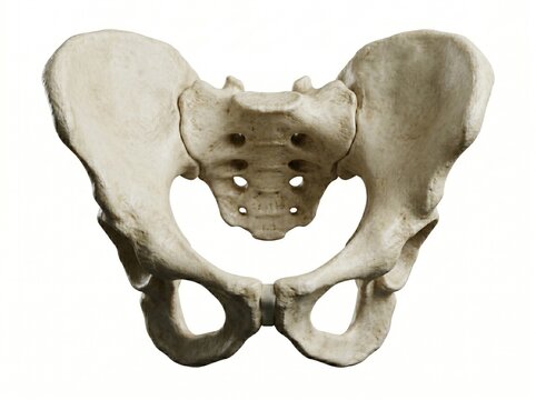 Professional human pelvis anterior view 3d render isolated white showing human pelvis, pelvic anatomy and ilium. Completely label-free and commercially clean. No text, no labels, plain organ only.