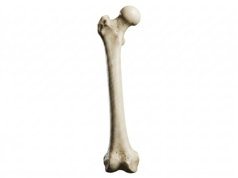 Precise human femur bone full anterior view 3d render white featuring human femur, femur anatomy and femoral head, premium 4K render with lifelike surface texture and completely clean output.