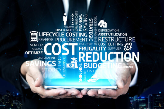 A businessman presents a glowing light featuring concepts of cost reduction and budgeting strategies, symbolizing modern financial optimization in a vibrant city backdrop. Tessel