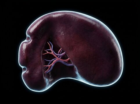 Premium human spleen exterior dark background 3d render featuring human spleen, spleen anatomy and splenic hilum, ultra-sharp 4K resolution with completely noise-free surface rendering. 4K clean.