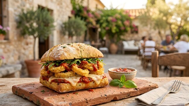 Fried Calamari Sandwich with Tomato Sauce and Cheese served on a Terrace