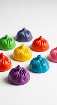 Vibrant assortment of rainbow-colored steamed dumplings arranged elegantly on a minimalist white studio surface for a gourmet food display, assortment, dyes, fusion