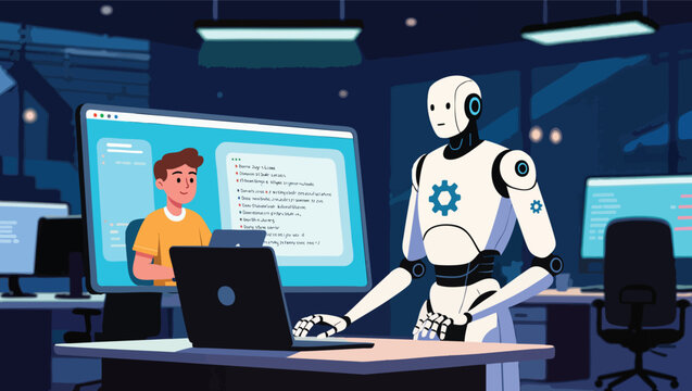 Robot assisting a person with computer programming on a large screen