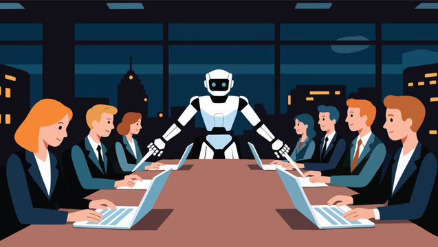 Robot leading business meeting with professionals using laptops in modern office robot.
