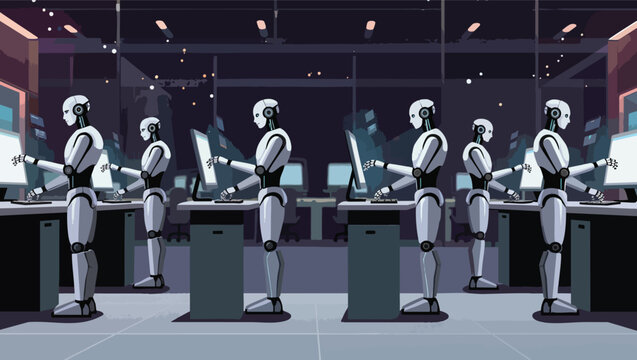 Robots working in cubicles at computers in a modern office at night robots artificial.