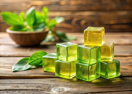 Gel cubes on a wooden table