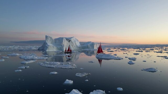 Aerial view of red-sailed boats navigating through massive icebergs in the Ilulissat Icefjord, Ilulissat, Avannaata, Greenland.