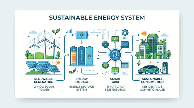Sustainable energy system infographic detailing renewable power storage smart grid and green city consumption