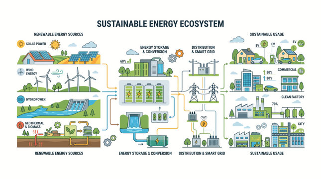 Sustainable renewable energy ecosystem vector diagram featuring solar wind power storage and smart grid infrastructure