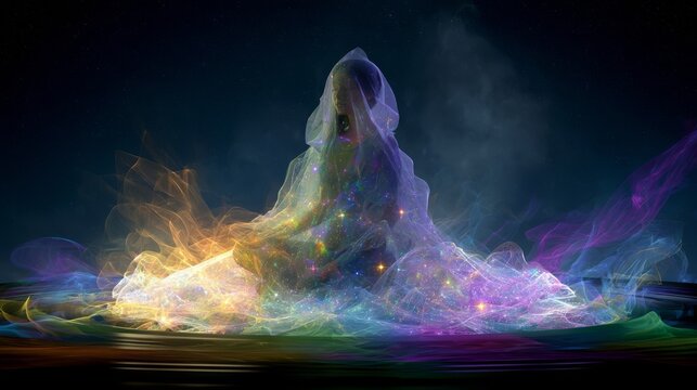 Mystical Figure Meditating Under Starry Sky, Enveloped in Shimmering, Colorful Cosmic Energy