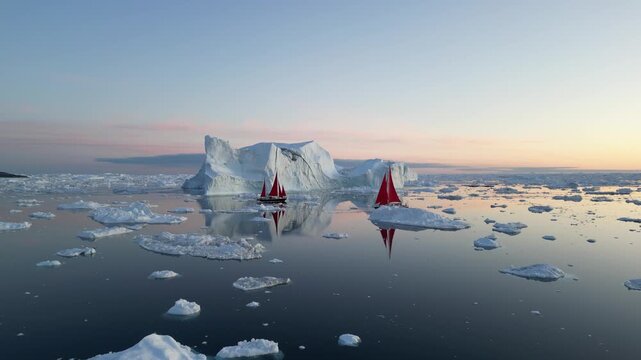 Aerial view of red-sailed boats navigating through the Ilulissat Icefjord surrounded by massive icebergs under a soft sky in Ilulissat, Avannaata, Greenland.