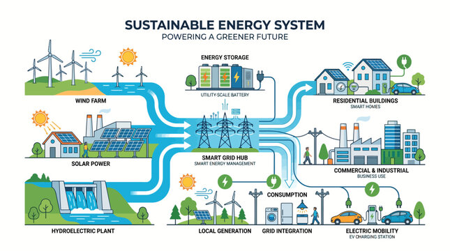 Sustainable Energy System Infographic Displaying Renewable Power Integration From Wind Solar And Hydro Sources