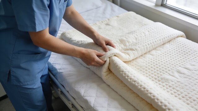 Nurse Making Hospital Bed with Clean Quilted Blanket