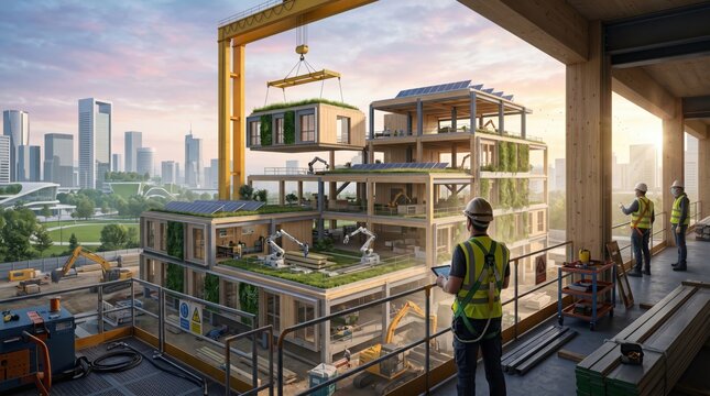 Modular construction site with crane lifting prefabricated eco-friendly wooden housing units, sustainable urban development and green building architecture concept.