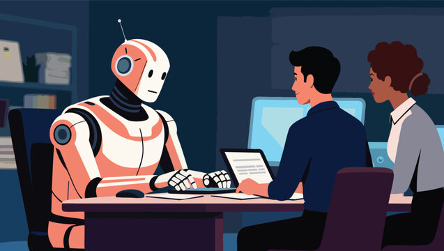 Robot interviewing business people in modern office setting.