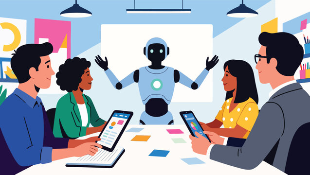 Robot leads a meeting with diverse team using tablets and phones robot artificial.