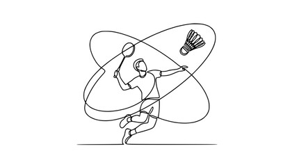 Badminton player jumping to hit shuttlecock, continuous line drawing, dynamic sport illustration © chici