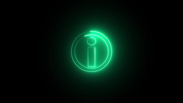 Animated neon info symbol on a black background.Neon help desk icon color glowing animated black background. Help desk in circle shape icon animation Help desk icon glowing neon cyan