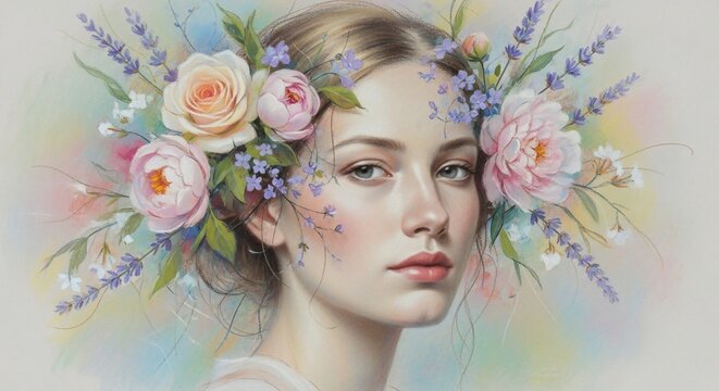 Woman with floral headdress portrait