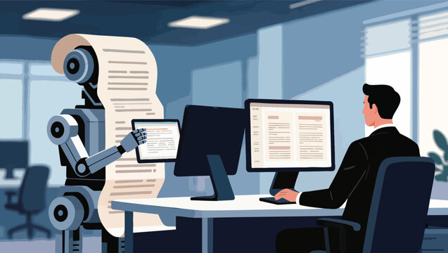 Robot holding long scroll of assists man in office with computer work robot.