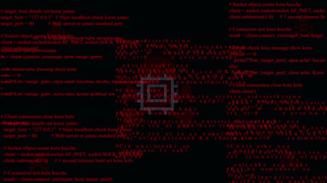 Microchip CPU line icon vector on abstract dark background with red binary digital coding glitch for cyber security template