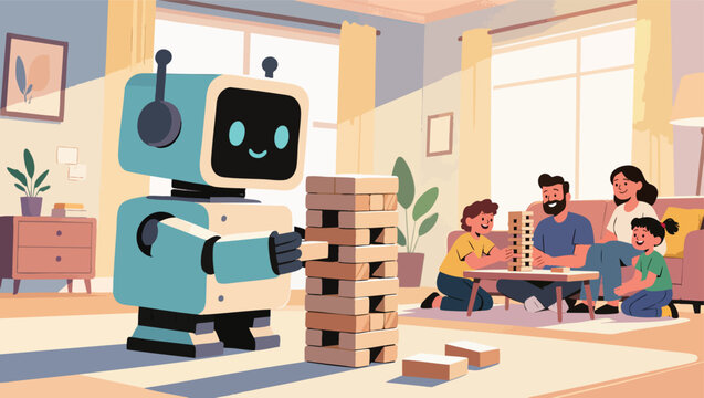 Robot and family playing jenga in a modern living room.