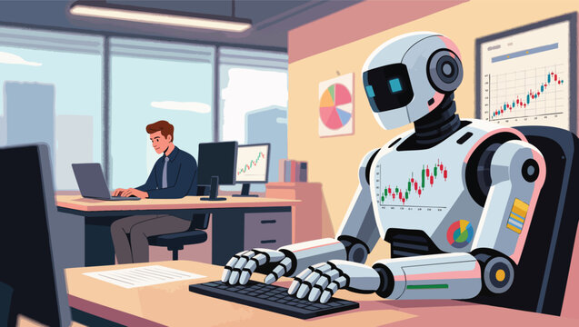 Robot and man analyzing financial data on computers in office robot.