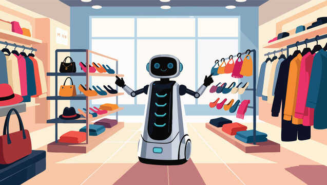 Robot in clothing store displaying scarves and hats surrounded by apparel.