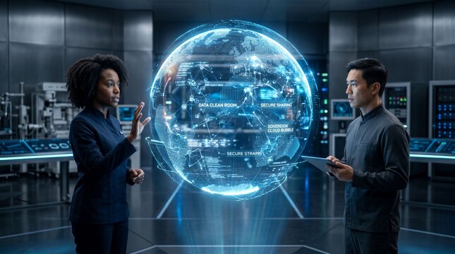 Tech professionals analyzing glowing global data clean room sovereign cloud bubble hologram